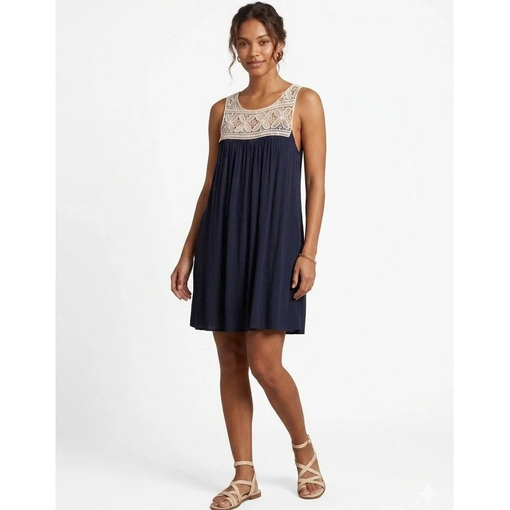 Charlotte Russe Navy Blue Crochet Lace Yoke Mini Dress Sleeveless Boho Shift‎ L